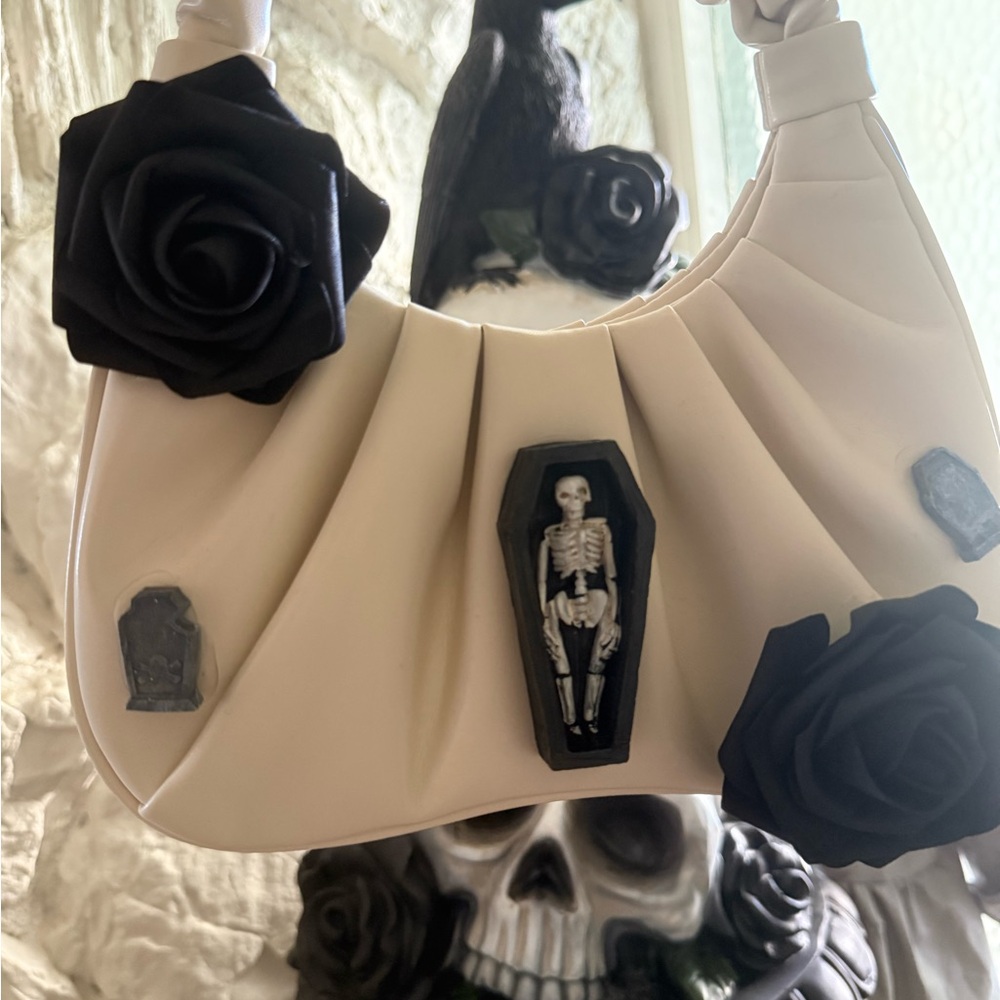Gothic Cream and Black Handbag with Skeleton Design